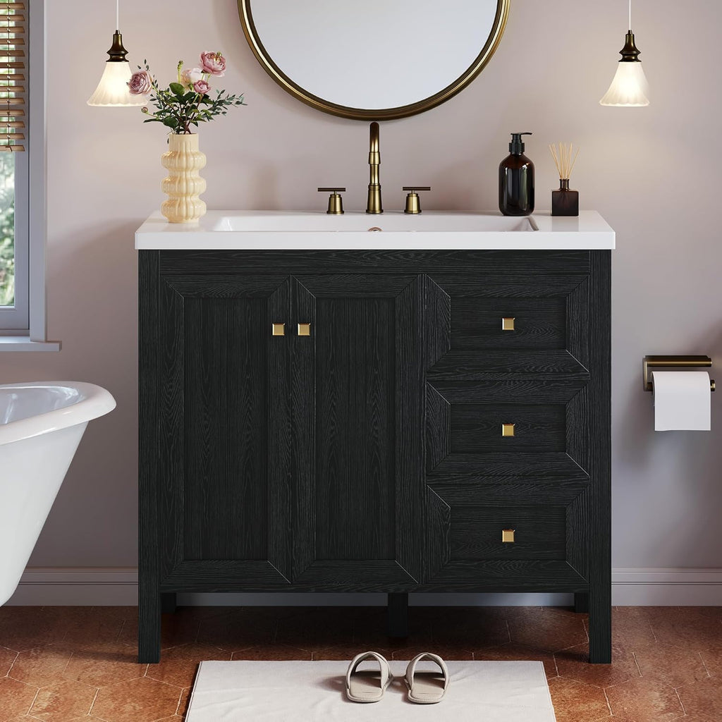 YITAHOME 36" Bathroom Vanity with Sink Set, Vintage Bathroom Cabinet Vanity with Resin Basin, Extra Large Storage with 2 Soft-Closing Doors & 3 Drawers, Black