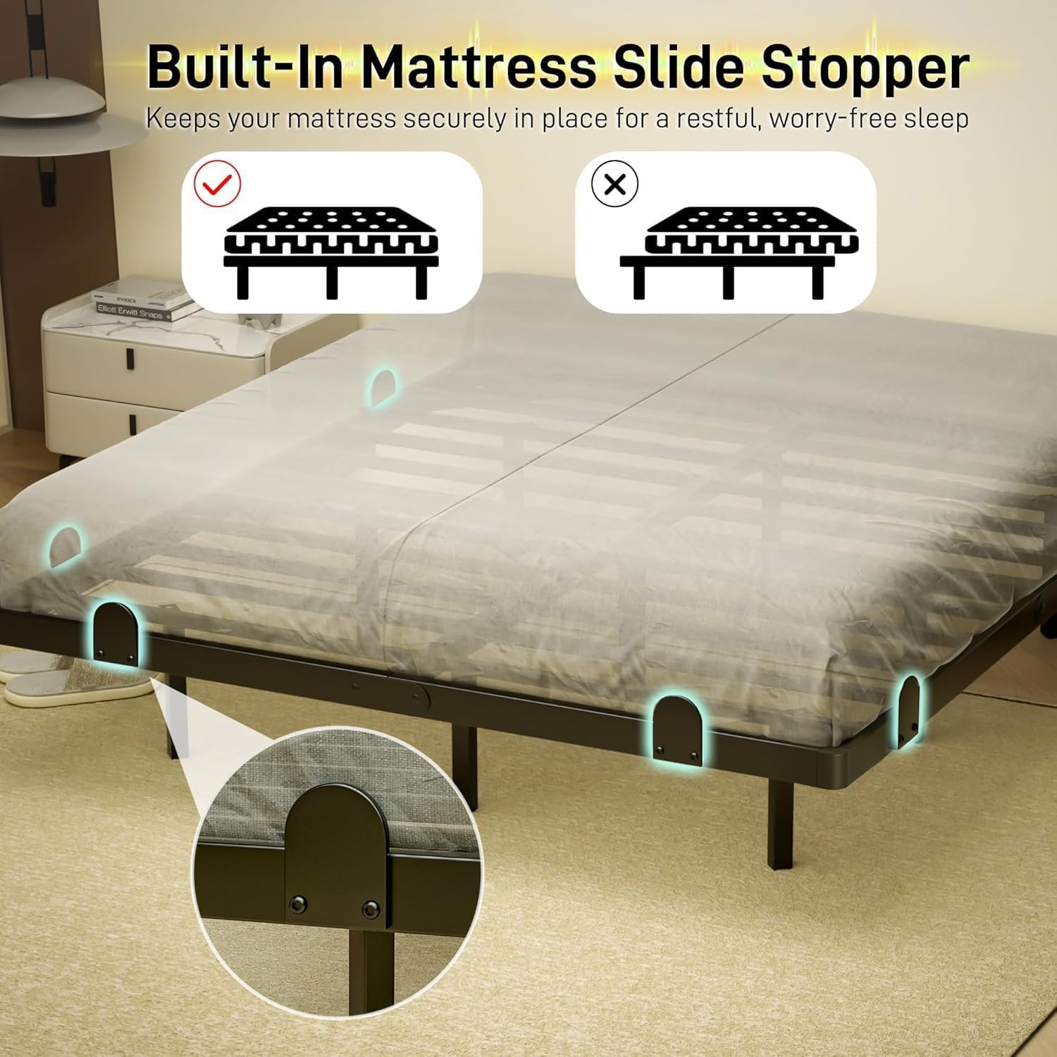 qimamo 14 Inch Floating King Bed Frame with Smart LED Lights and Charging Station, Modern Metal King Bed Frame, Easy to Assemble, No Box Spring Needed