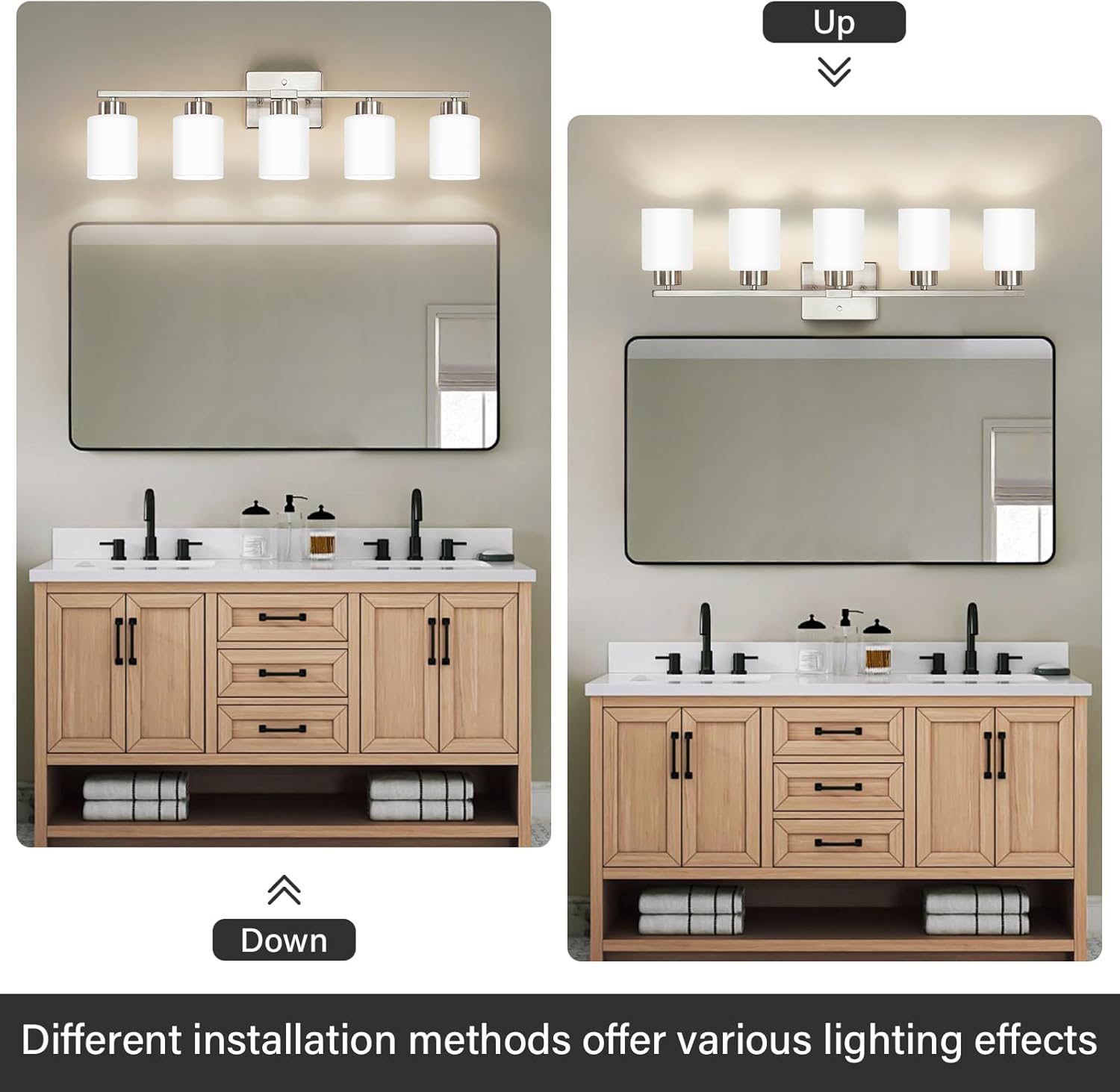 FonmYim Brushed Nickel Bathroom Light Fixtures, 5-Light Modern Vanity Light Over Mirror, Wall Sconces with Milky White Frosted Glass Shades, E26 Socket (Bulbs Not Included)