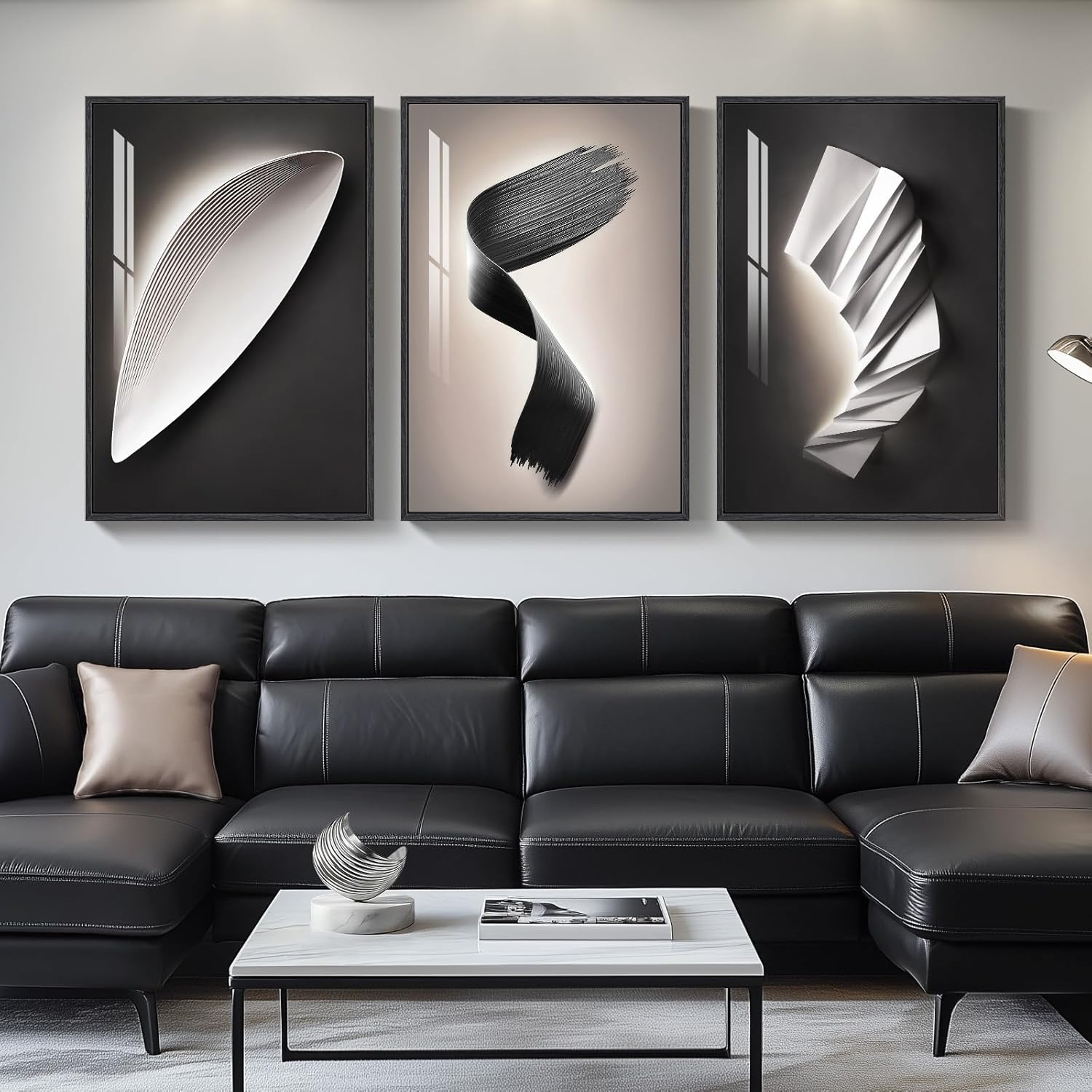 Large Framed Modern Wall Art for Living Room, 3 Piece Black and White Abstract Contemporary Pictures Artwork Decor, Geometric Luxury Bright Style Prints Paintings for Hallway and Office 24x36 Inch