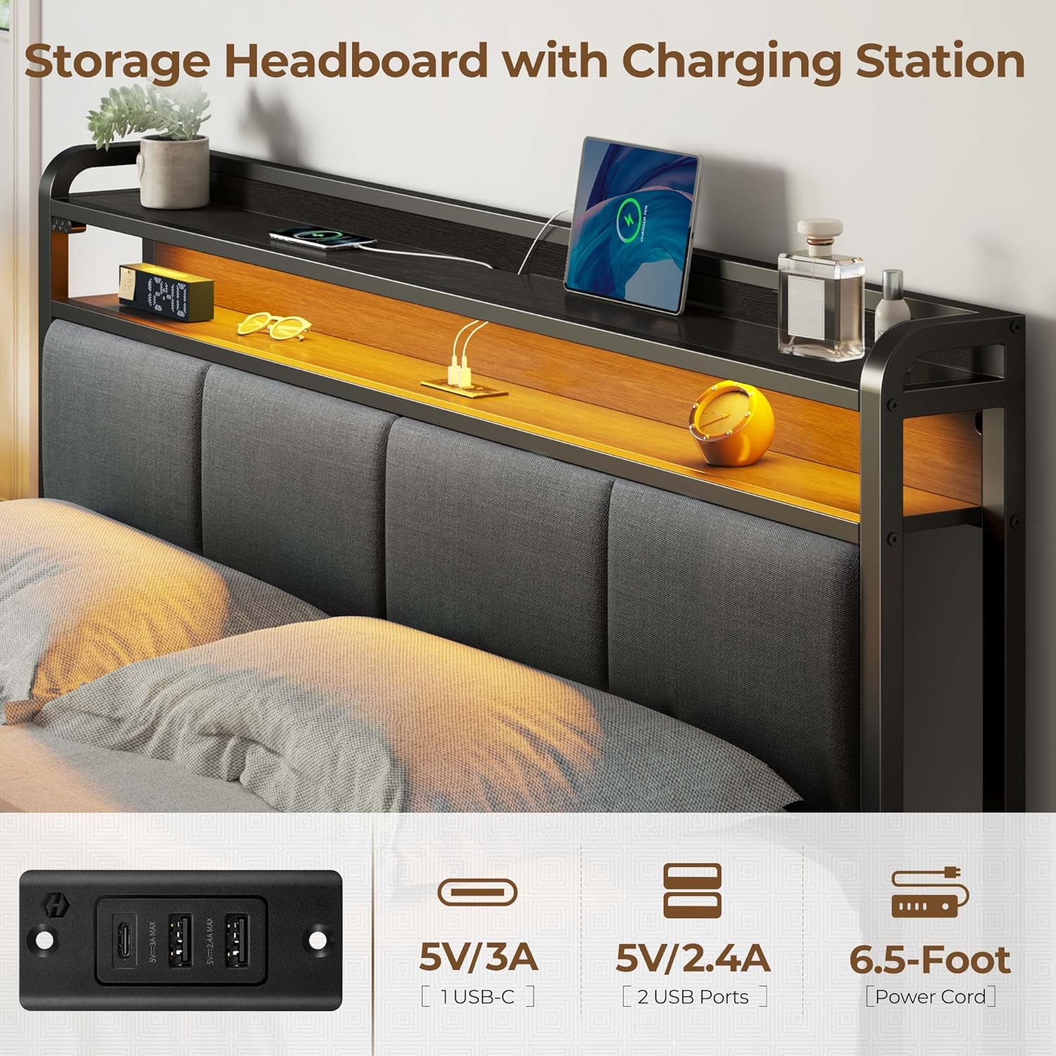 Rolanstar Bed Frame Full Size with Charging Station and LED Lights, Upholstered Headboard with Storage Shelves, Heavy Duty Metal Slats, No Box Spring Need, Noise Free, Easy Assembly, Grey