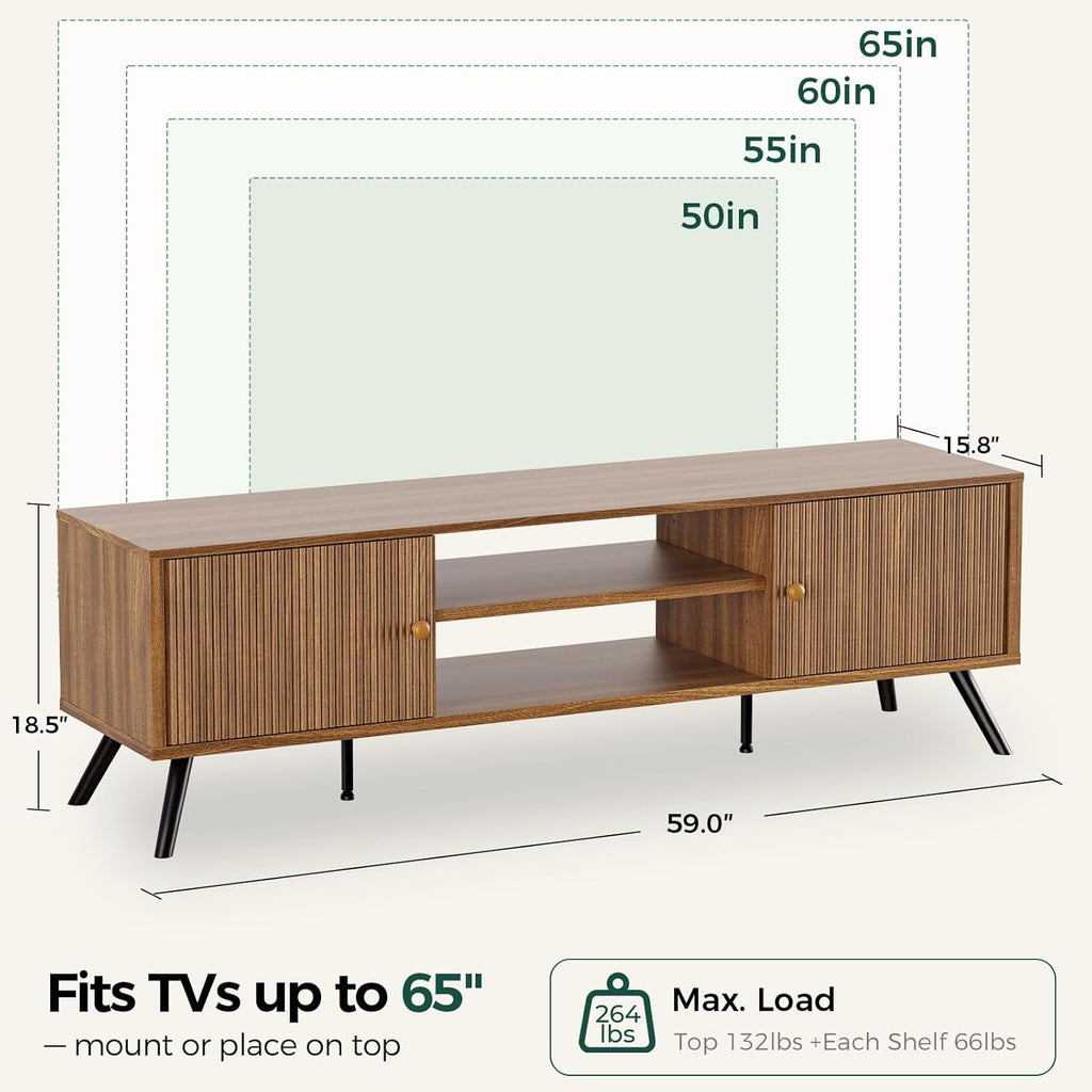COMHOMA TV Stand for Living Room, Mid Century Modern Entertainment Center for 55/60/65 Inch TVs, Retro Brown TV Console with Fluted Door Cabinets and Open Adjustable Shelve Storage for Bedroom