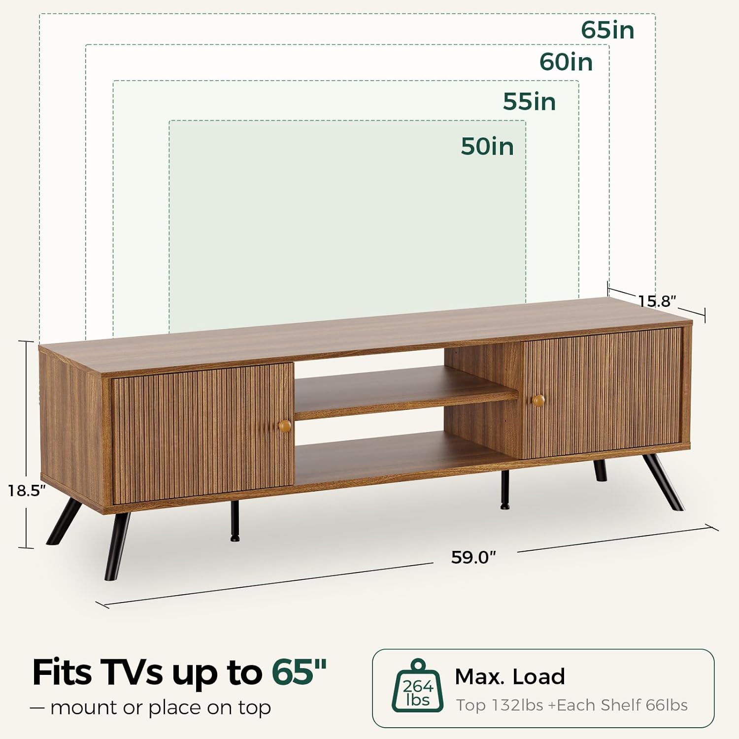 COMHOMA TV Stand for Living Room, Mid Century Modern Entertainment Center for 55/60/65 Inch TVs, Retro Brown TV Console with Fluted Door Cabinets and Open Adjustable Shelve Storage for Bedroom
