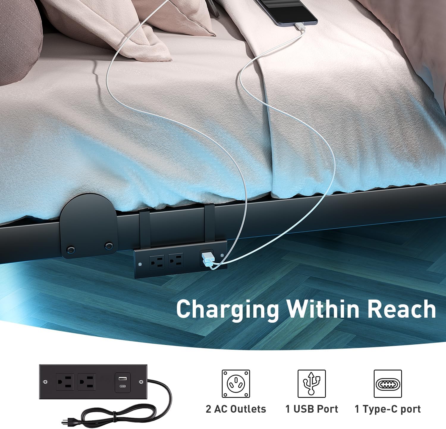 qimamo 14 Inch Floating King Bed Frame with Smart LED Lights and Charging Station, Modern Metal King Bed Frame, Easy to Assemble, No Box Spring Needed