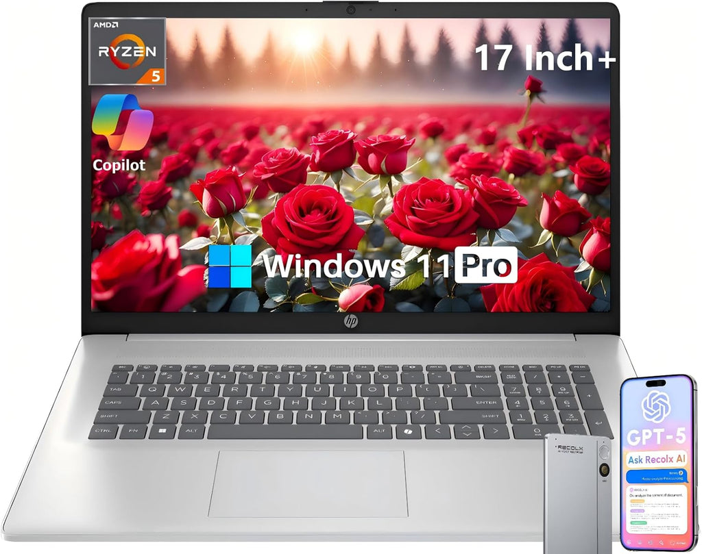 HP 17 Inch Laptop, 17.3" FHD IPS Display, AMD Ryzen 5 7430U (Up to 4.5GHz), 20 GB RAM, 512 GB SSD, Wi-Fi 6, Bluetooth 5.4, Windows 11 Pro, Copilot AI Key, Numeric Keypad, w/RECOLX AI Voice Recorder