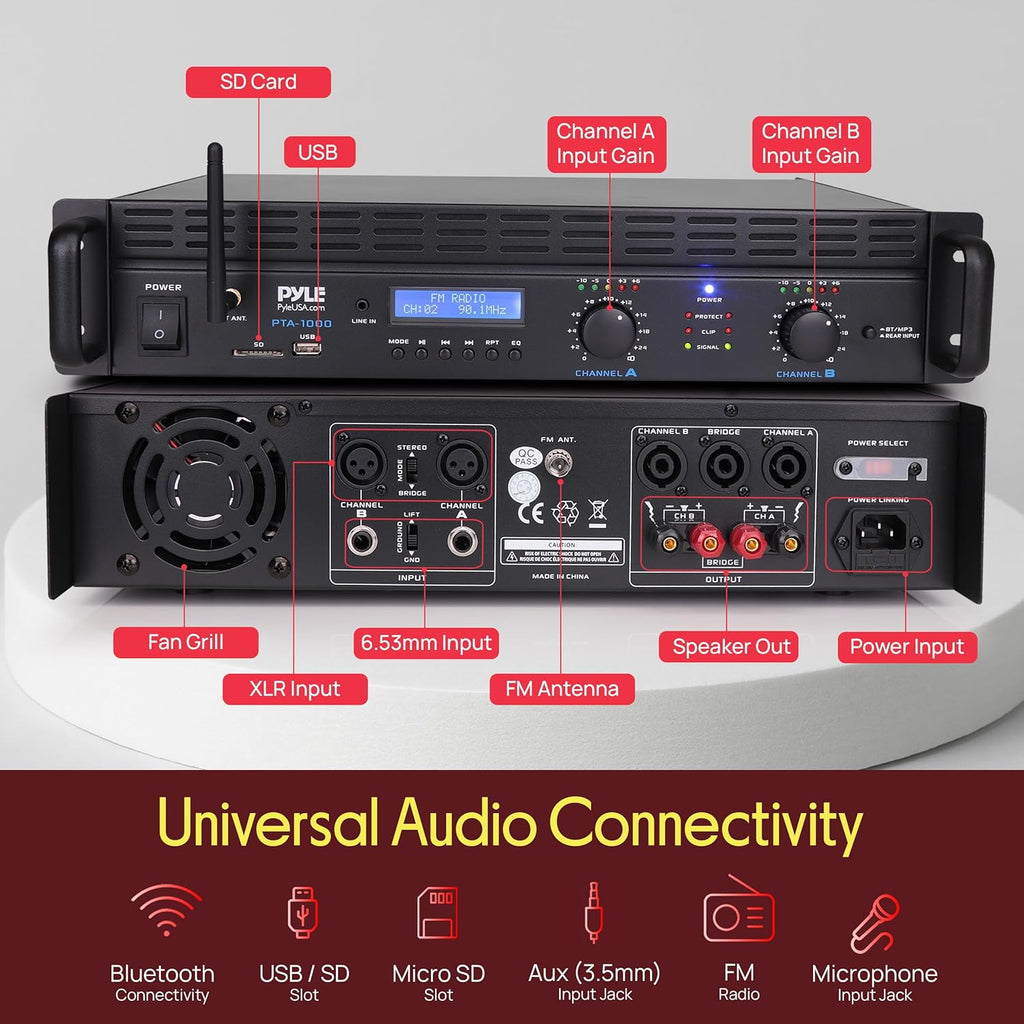 Pyle 2-Channel Rack Mount Power Amplifier with Bluetooth - 2000W Bridgeable with TRS XLR Input, Speakon Outputs, USB-A Input with MP3 Player, Bridge Mode, Cooling Fan, LED Level Meters - PTA1000BT