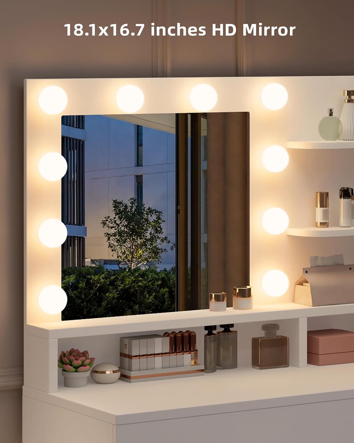 LIVELYGLOW White Makeup Vanity with HD Mirror & 10 LED Bulbs, 34.3" Dressing Table with Charging Station, 4 Drawers, Hairdryer Rack & Cushion Stool, Modern Bedroom Vanity Set