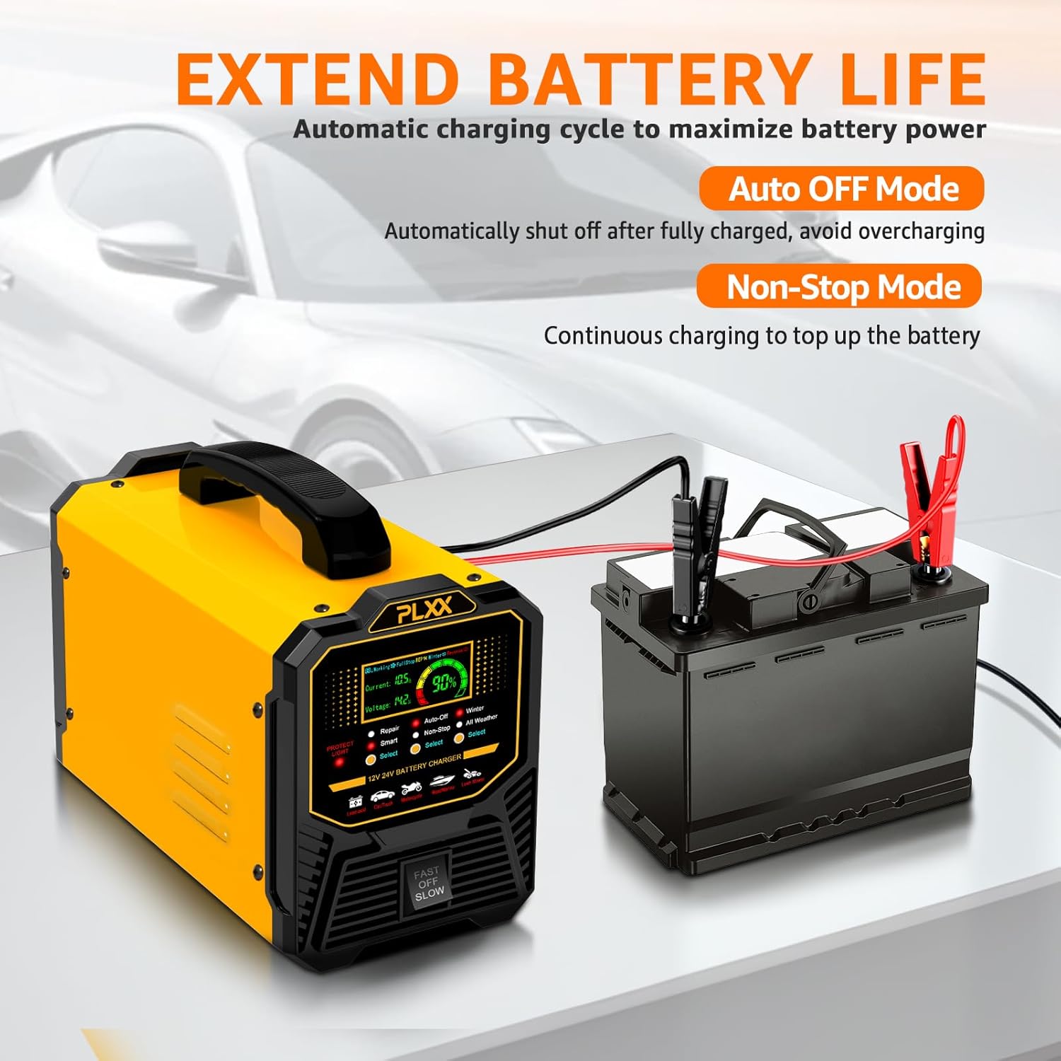 PLXX 12V 24V Car Battery Charger Heavy Duty 0-15A Automatic Smart Trickle Charger with Auto Shutoffs, Repair, Winter Mode, for Automotive Car Truck Motorcycle Lawn Mower Boat Marine AGM