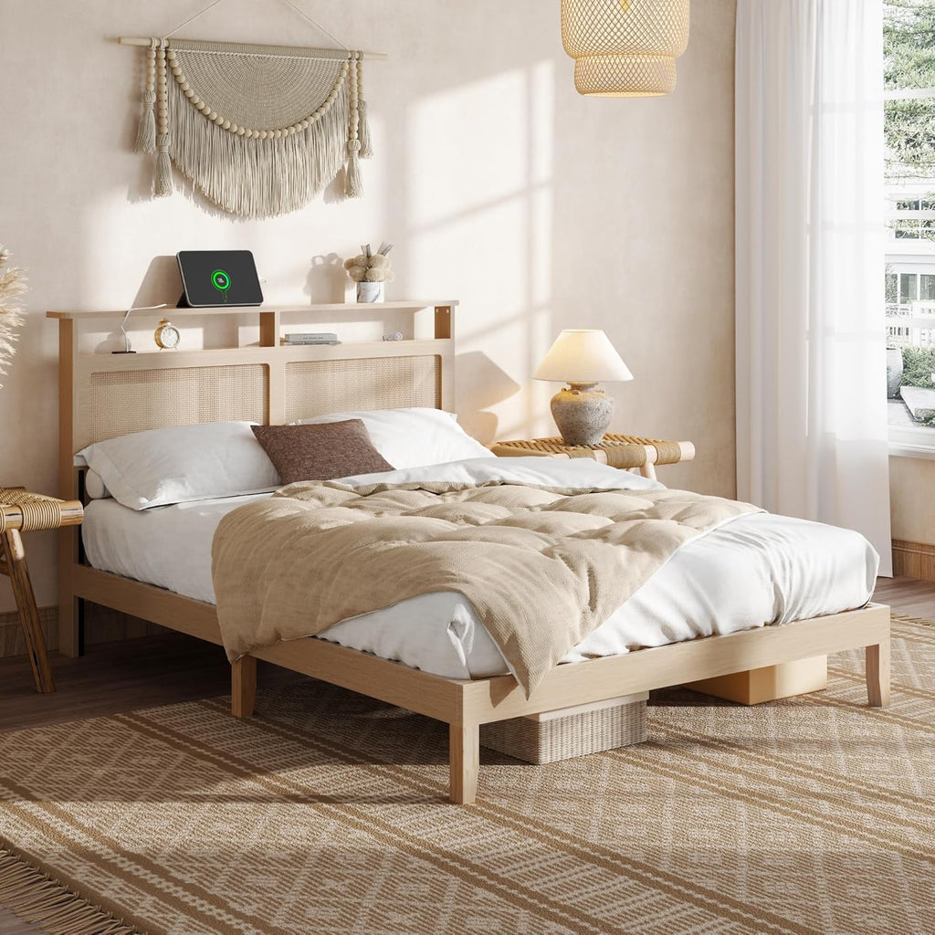 OURPIC Queen Bed Frame with Rattan Headboard, Wicker Bedframe with Charging Station and LED Lights, Boho Queen Bed with Storage Shelf, Solid Wood Support, Easy Assembly