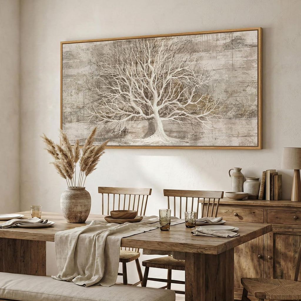Large Framed Tree of Life Wall Art for Living Room, Rustic Farmhouse Abstract Tree Canvas Painting Print Artwork for Walls, Modern Neutral Forest Picture for Bedroom Office Wall Decor, 60x30 In
