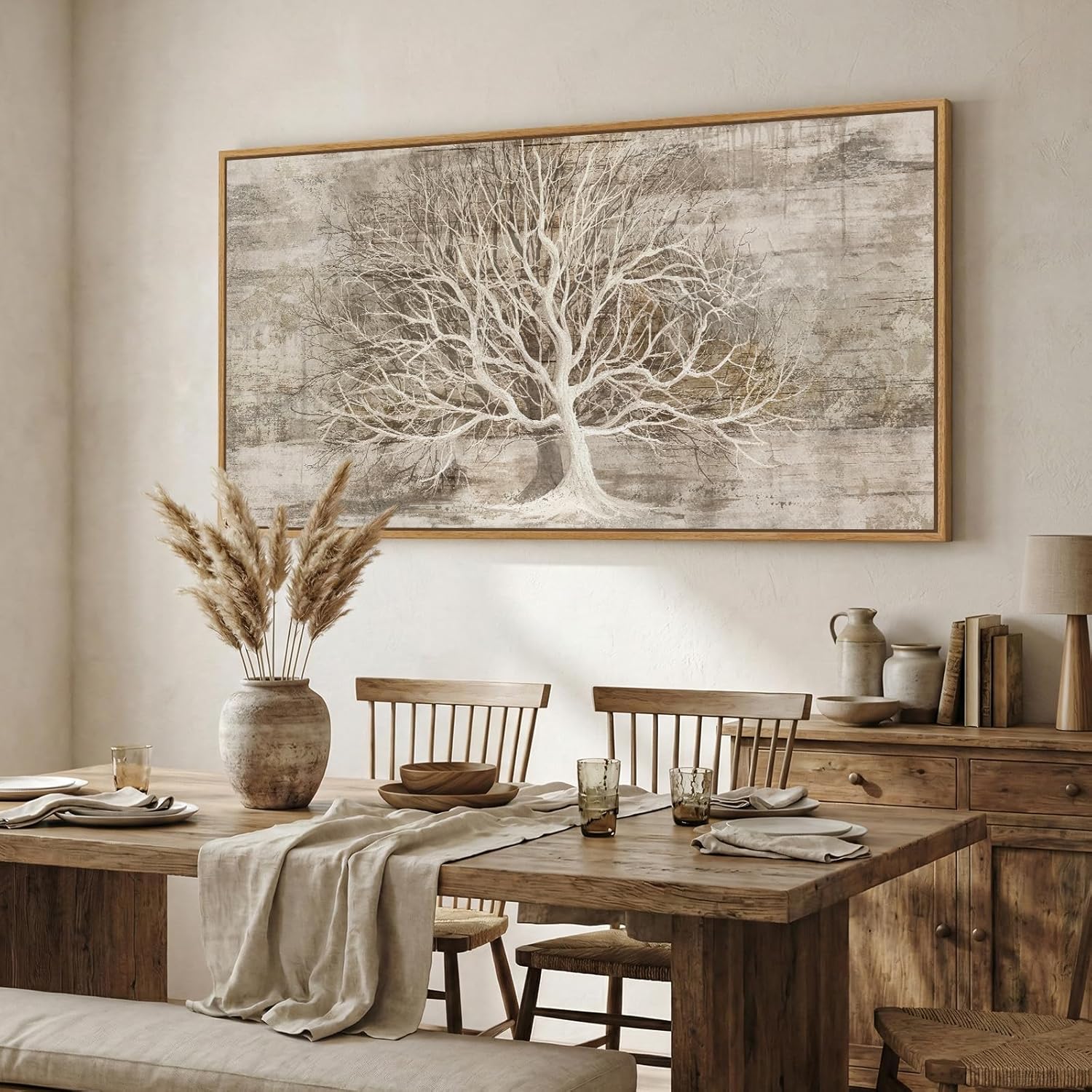 Large Framed Tree of Life Wall Art for Living Room, Rustic Farmhouse Abstract Tree Canvas Painting Print Artwork for Walls, Modern Neutral Forest Picture for Bedroom Office Wall Decor, 60x30 In
