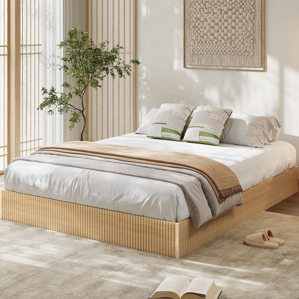 Garvee King Bed Frame, Wood Platform Bed with Fluted Design, Low Profile BedFrame, Minimalist Bed Base with Noise-Free, Easy Assembly, No Box Spring Needed, Natural