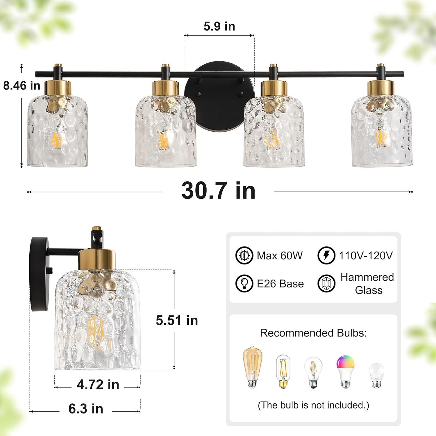 Black Bathroom Light Fixtures, 30.7" 4 Light Black and Gold Vanity Lights for Bathroom Lights with Hammered Glass, Rustic Vanity Lighting Fixtures Over Mirror