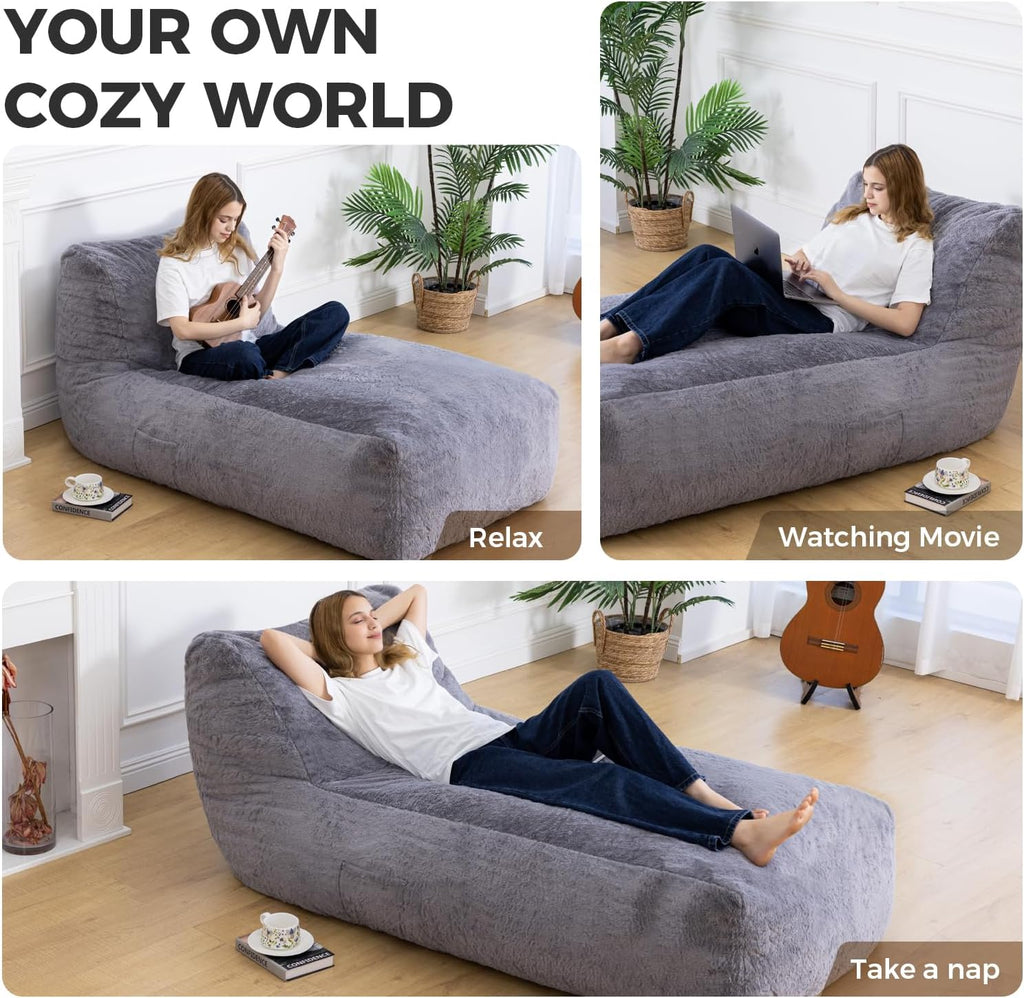 Giant Bean Bag Chair for Adults (59"x34"), Big Faux Fur Plush Bean Bag Lounger, Large Memory Foam Lounger Chair with Pockets for Living Room, Bedroom & Dorm (Grey)