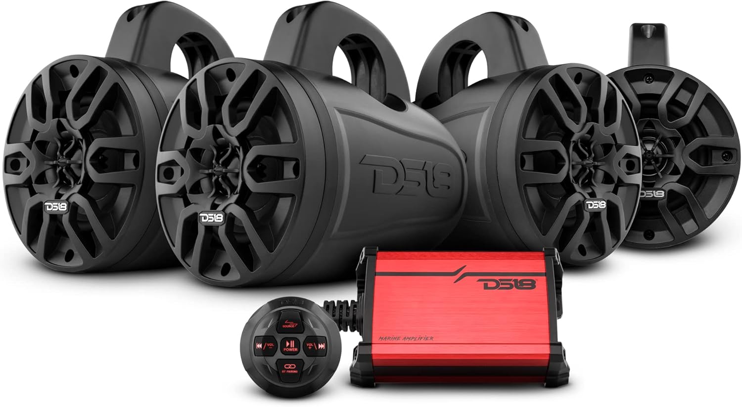 DS18 MP4TP.4A 4" 600W Bluetooth Marine Tower Speakers with Amplifier and Remote