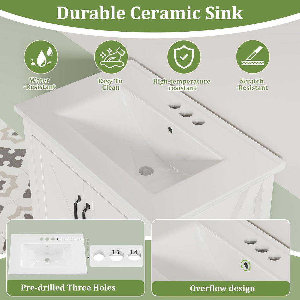 Garvee 24" Bathroom Vanity with Ceramic Sink, Freestanding Vanity with Soft-Close Doors & Storage Drawer, Modern Bathroom Sink Cabinet for Small Space, White