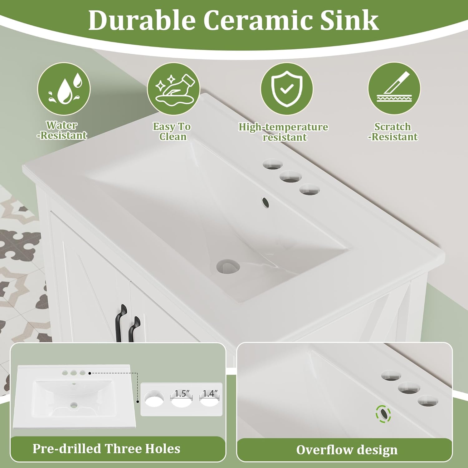 Garvee 24" Bathroom Vanity with Ceramic Sink, Freestanding Vanity with Soft-Close Doors & Storage Drawer, Modern Bathroom Sink Cabinet for Small Space, White