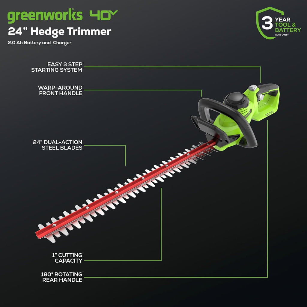 Greenworks 40V 24" Cordless Hedge Trimmer (1" Cutting Capacity), 2.0Ah USB Battery and Charger Included