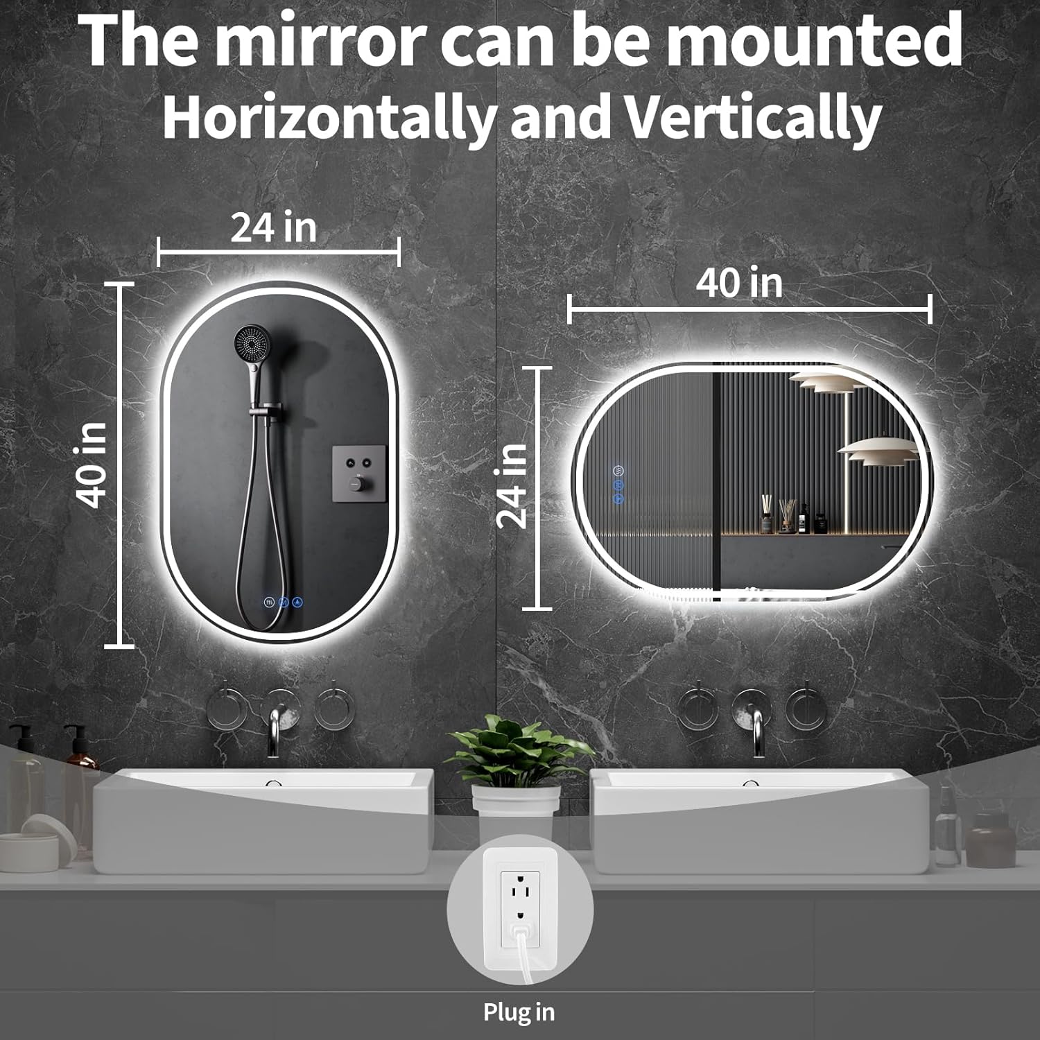 Oval LED Bathroom Mirror, 24"x 40" Frameless LED Mirror with Front Light and Backlit, Anti-Fog, Dimmable Modern Wall Mounted Lighted Mirror, Pill-Shaped Smart Mirror Bathroom