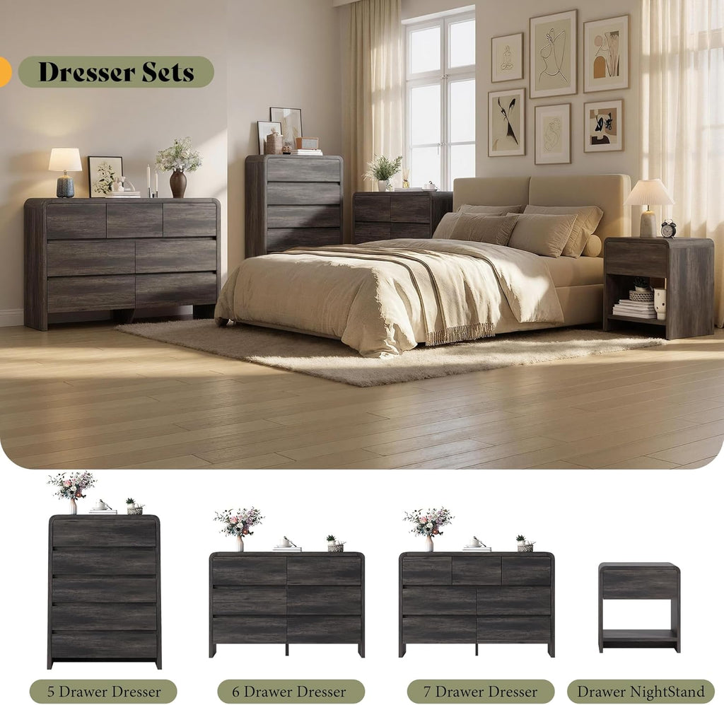 Modern 4-Piece Bedroom Furniture Set with 5-Drawer Dresser, 6-Drawer Dresser and 2 Nightstands, Large Storage Capacity, Rounded Corners, Flexible Combination Design, Anti-Tip Kit Included, Black