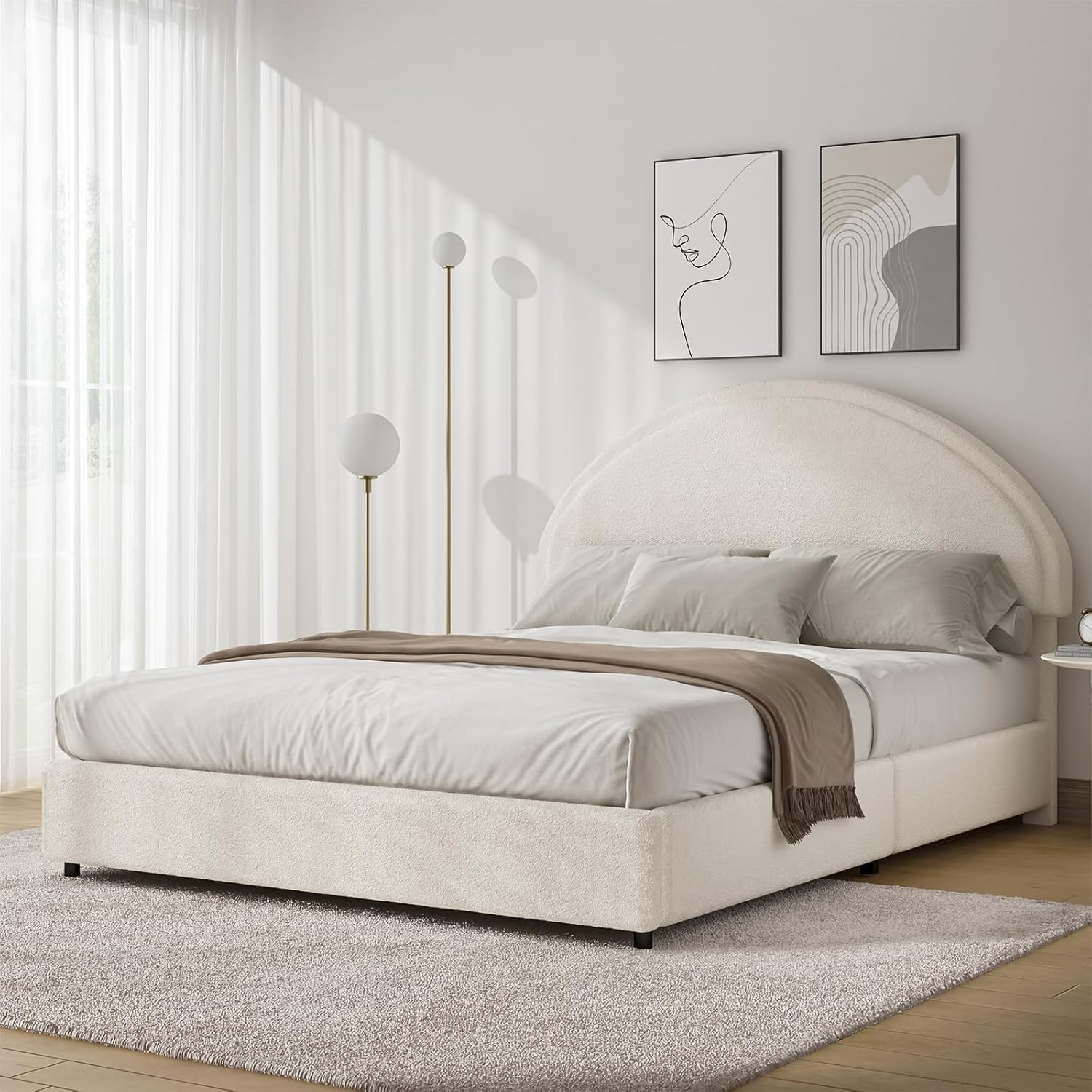 REVOMINCA Queen Bed Frame, Boucle Upholstered Platform Bed Frame with Rounded Corners, Soft Bedframe with Round Headboard, No Box Spring Required, Easy Assembly, White