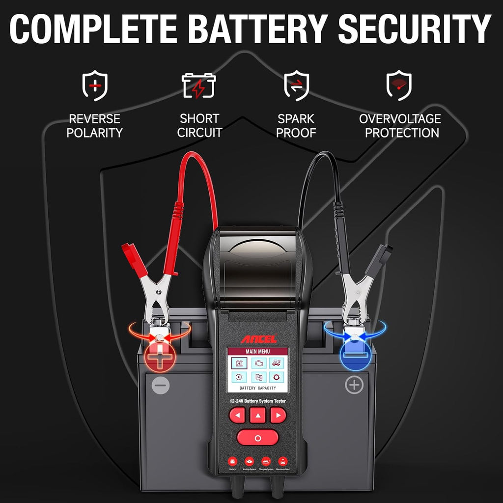 ANCEL BST600 Battery Tester with Printer, 12V 24V 100-2000 CCA Load Tester, Cranking Charging System Test for Cars, Heavy Duty Trucks, Marine, RV, SUV, Motorcycle