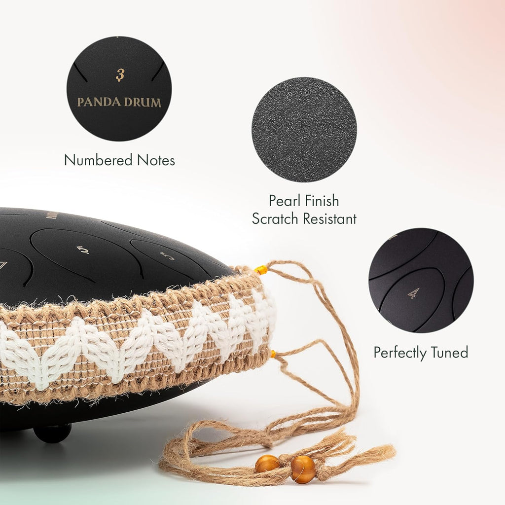 Panda Drum Pro (Black) | Steel Tongue Handpan with Music Book, Mallets, Carrying Bag & Finger Picks | 15 inch, 432 Hz | Rain Drum for Inside & Outside | Calming Musical Instrument for Adults & Kids