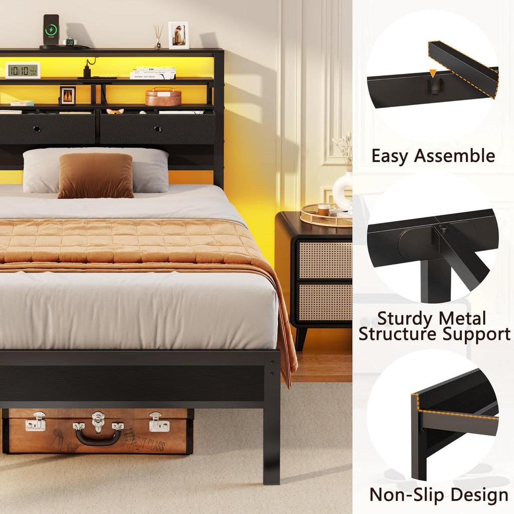 Furnulem Twin Bed Frames with Charging Station and LED Lights, Wood Headboard with 2 Fabric Drawers and Storage Shelves, Twin Size Platform Bed with Metal Slats, No Box Spring Needed, Black Oak