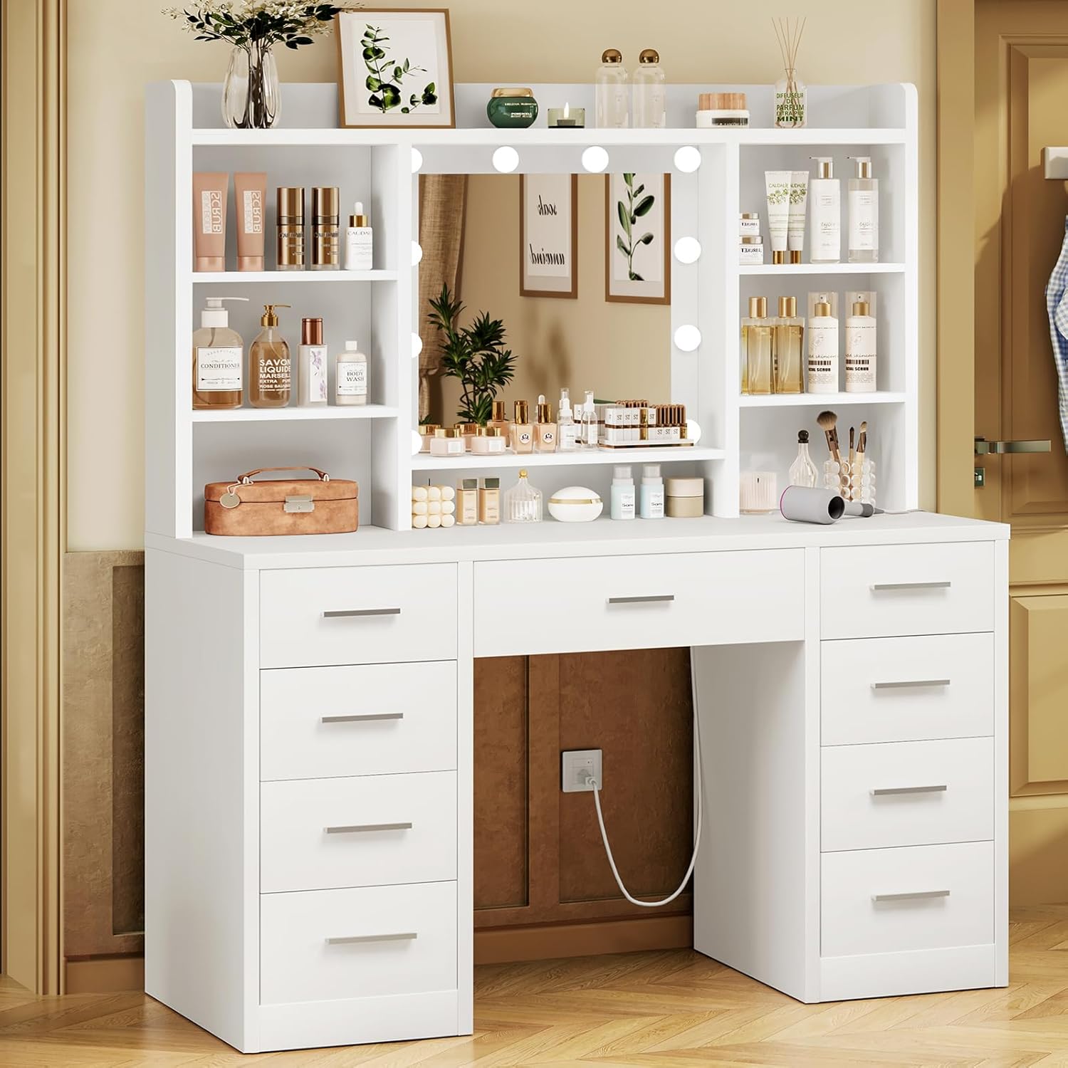 FIONESO Vanity Desk with Mirror and Lights, Power Outlet, Makeup Vanity with 9 Drawers & 6 Open Storage Shelves, 3 Lighting Modes Brightness Adjustable, White