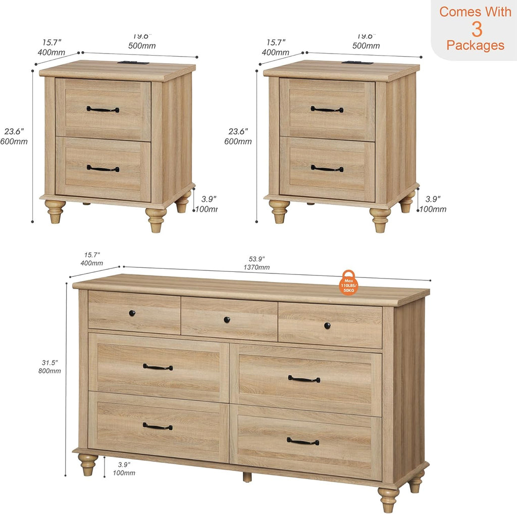 WAMPAT 3 Piece Bedroom Set - Includes 7 Drawer Dresser for Bedroom, Set of 2 Night Stands with Charging Station & Drawers, 3 Piece Dresser and Nightstand Sets, Oak