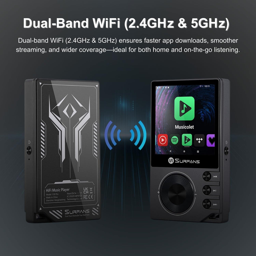 Surfans F20 Pro Hi-Res Music Player, Dual ESS9018 DAC,DSD512, Spotify & Tidal Support, WiFi & Bluetooth LDAC, 4.4mm Balanced(500mW), Expandable 1TB, Touchscreen Portable MP3 DAP (Gray)