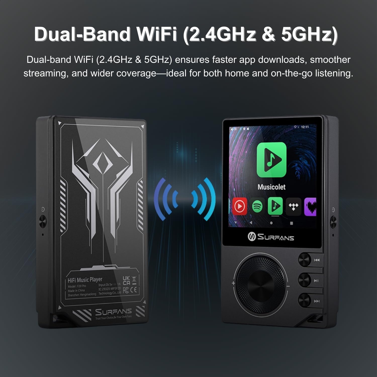 Surfans F20 Pro Hi-Res Music Player, Dual ESS9018 DAC,DSD512, Spotify & Tidal Support, WiFi & Bluetooth LDAC, 4.4mm Balanced(500mW), Expandable 1TB, Touchscreen Portable MP3 DAP (Gray)