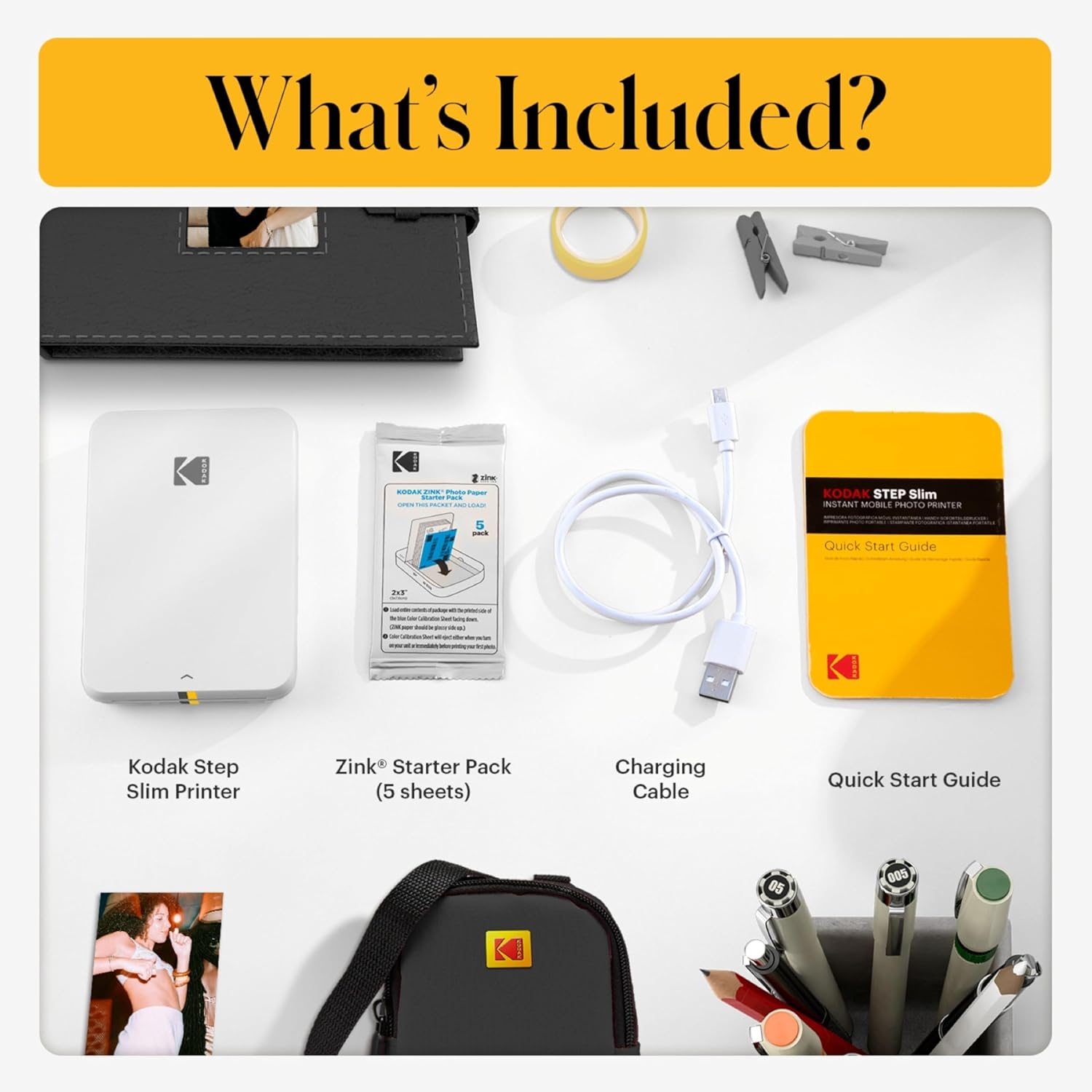 Kodak Step Slim Instant Mobile Photo Printer - Kit: 20 Pack Zink Paper, Case, Photo Album, Markers, Sticker Sets