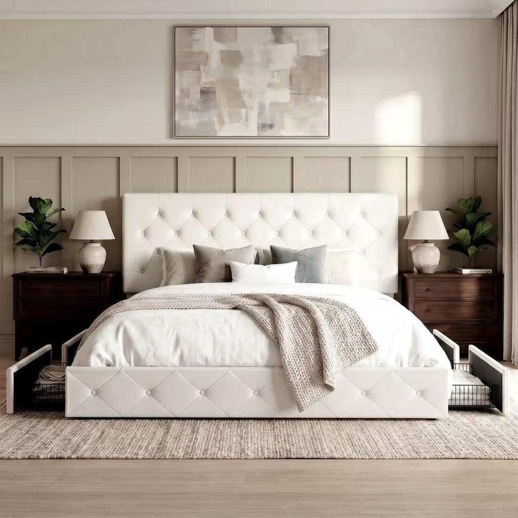 Allewie King Size Platform Bed Frame with 4 Storage Drawers and Headboard/Upholstered Diamond Stitched Button Tufted/Wooden Slats Support/Mattress Foundation/No Box Spring Needed/White