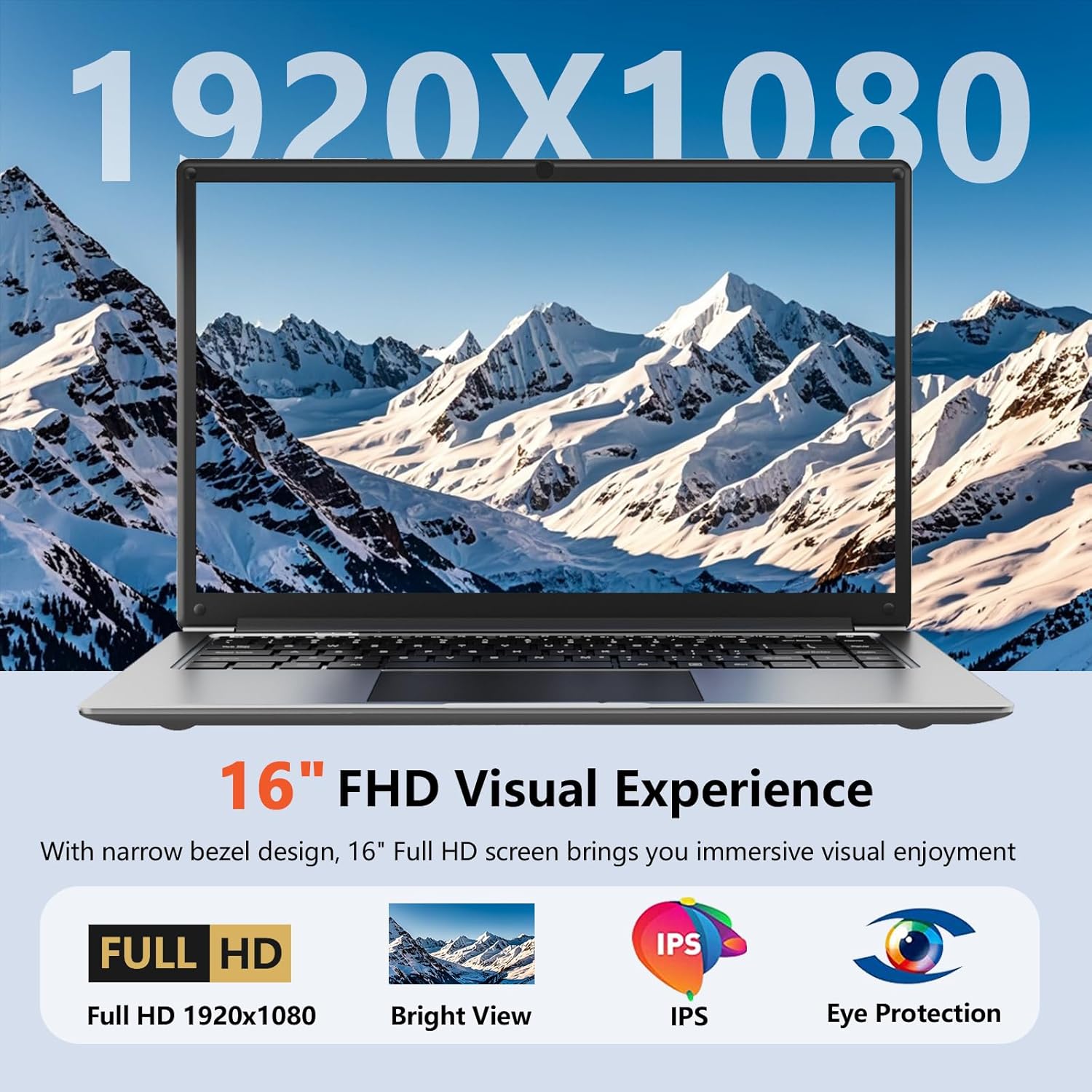 Laptop 16-inch , 8GB DDR 256GB SSD portable laptop computer, expandable to 1TB, Pentium quad-core CPU up to 2.64 GHz, 9000mAh battery, interface, USB3.0 interface, dual-band WiFi, webcam, slim laptops