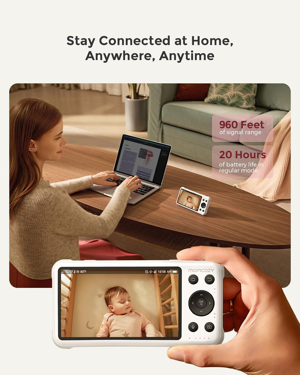 Momcozy Smart WiFi Baby Monitor with Camera and Audio, 5" 1080P Screen with Wall Mount, Motion & Cry Detection, Safe Fence,Clear Night Vision, 5000mAh Battery, 2-Way Talk, Photo & Video Recording,BM04