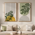 Large Framed Green Boho Wall Art Set of 2 for Living Room, Mid Century Modern Bohemian Botanical Geometric Artwork for Walls, Neutral Canvas Painting Print Wall Decor for Bedroom Home Office, 24x36 In