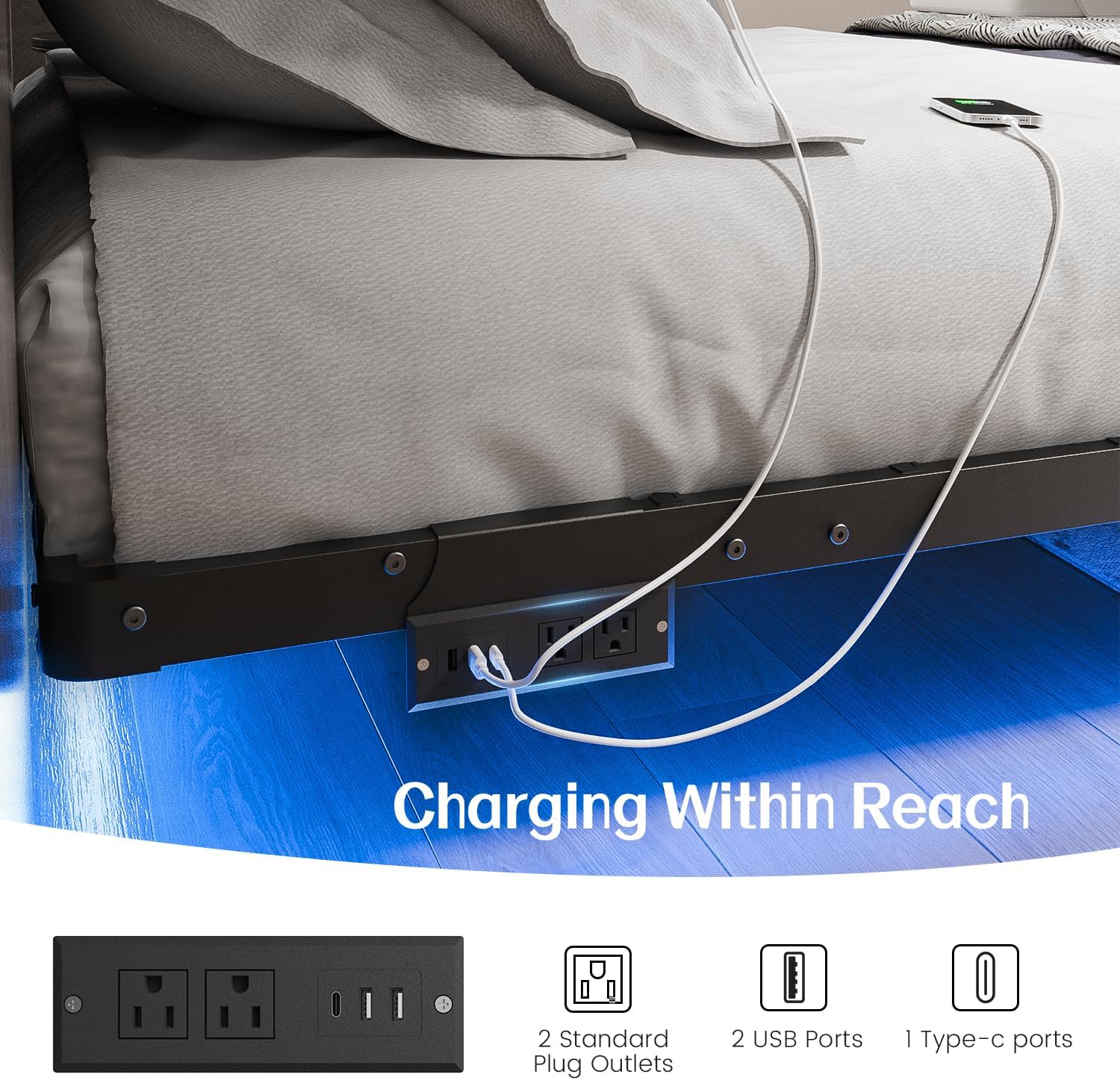 Liians Queen Size Floating Bed Frame with USB Charging Station and LED Lights, Modern Metal Platform Bed Frame with Mattress Slide Stopper, Noise Free No Box Spring Needed and Easy Assembly
