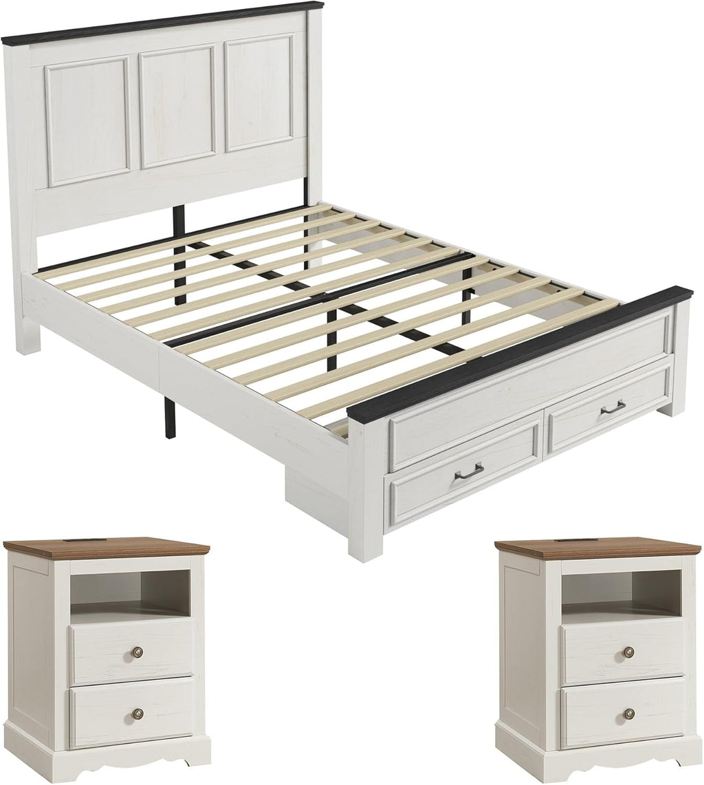 AMERLIFE Farmhouse Bedroom Furniture Set, Includes 2 Nightstands with Charging Station and 1 Queen Size Wood Platform Bed Frame with Headboard, Storage Drawers, No Box Spring Needed, Rustic White