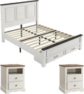 AMERLIFE Farmhouse Bedroom Furniture Set, Includes 2 Nightstands with Charging Station and 1 Queen Size Wood Platform Bed Frame with Headboard, Storage Drawers, No Box Spring Needed, Rustic White