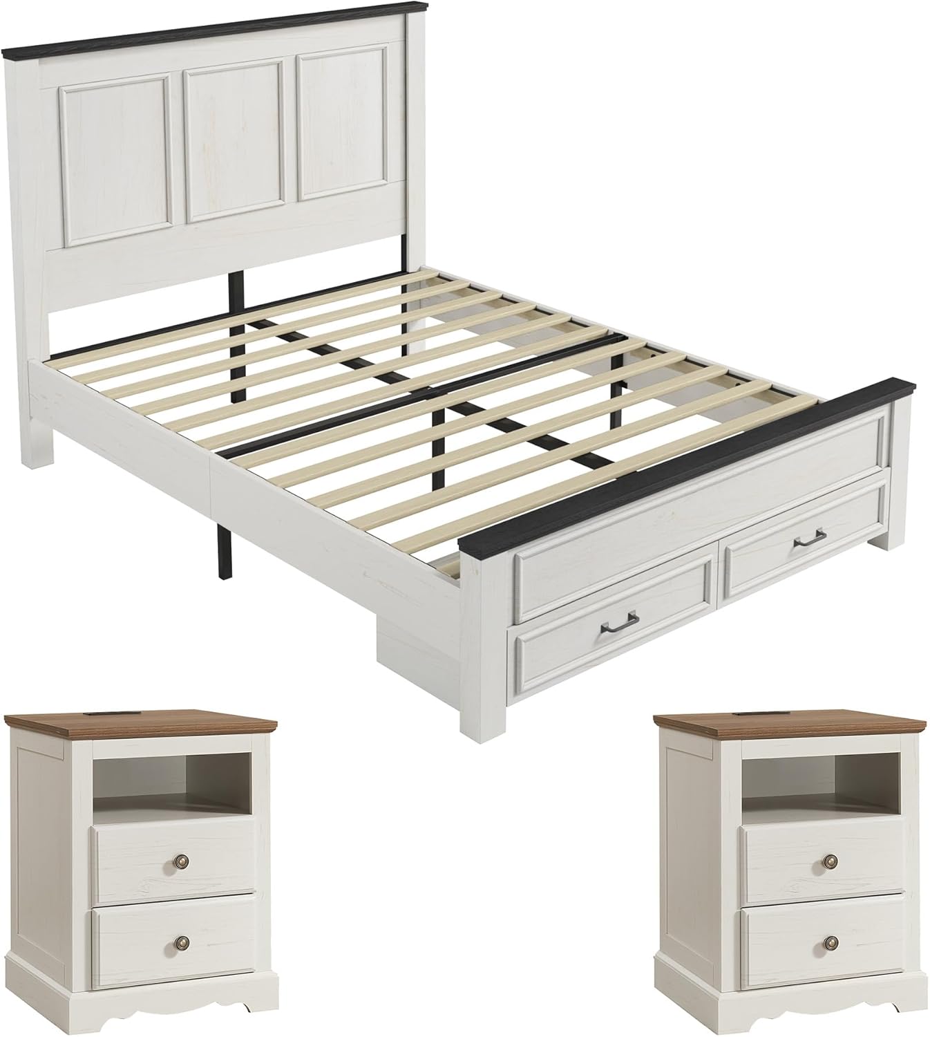 AMERLIFE Farmhouse Bedroom Furniture Set, Includes 2 Nightstands with Charging Station and 1 Queen Size Wood Platform Bed Frame with Headboard, Storage Drawers, No Box Spring Needed, Rustic White