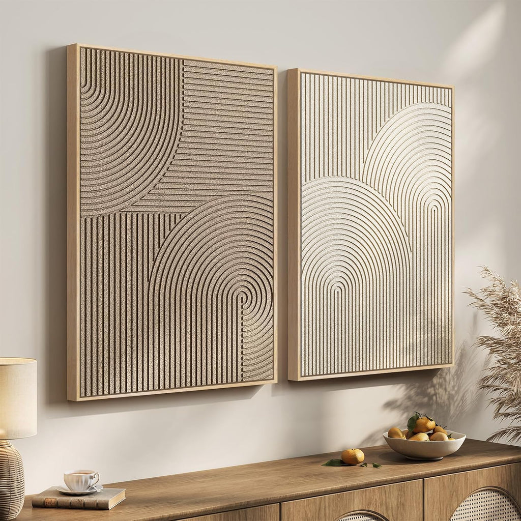 Large 3D Textured Framed Neutral Abstract Wall Art Set, 2 Piece Modern Minimalist Paintings Artwork for Walls, Beige Brown Geometric Line Pictures for Living Room Bedroom Hallway Wall Decor 24x36 In