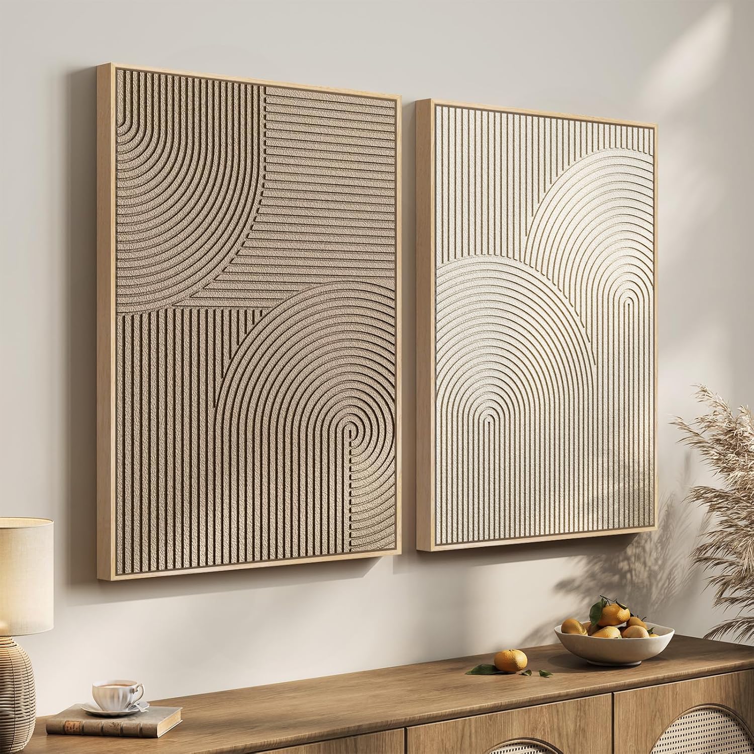Large 3D Textured Framed Neutral Abstract Wall Art Set, 2 Piece Modern Minimalist Paintings Artwork for Walls, Beige Brown Geometric Line Pictures for Living Room Bedroom Hallway Wall Decor 24x36 In