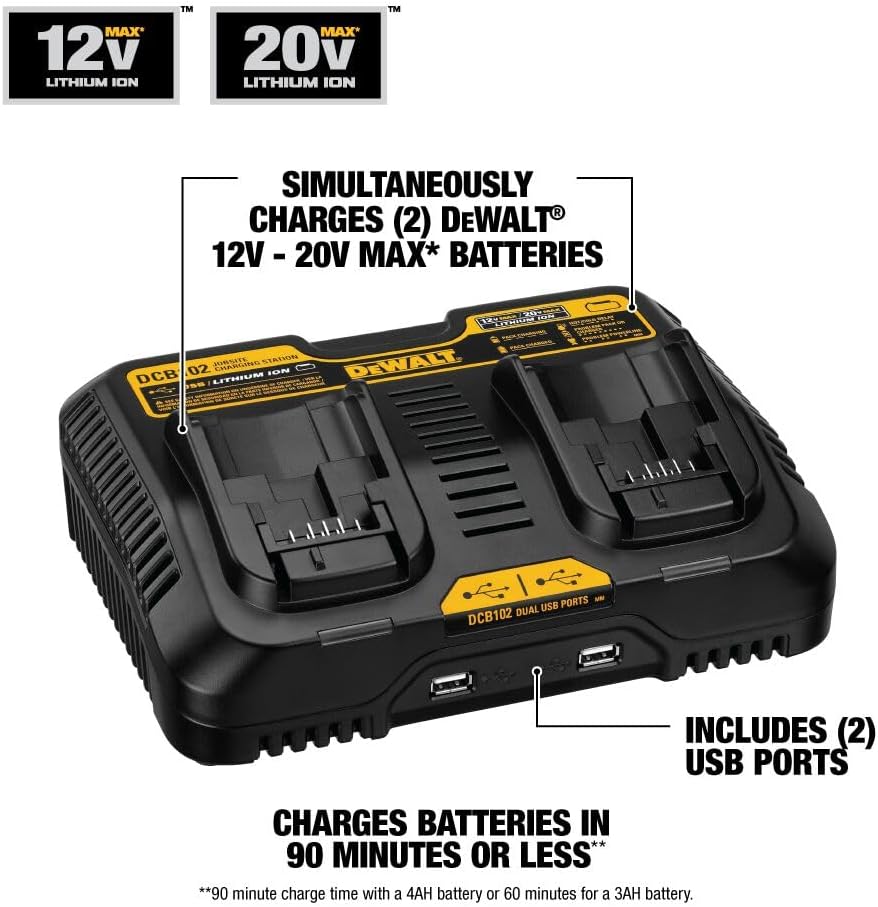 DEWALT 12/20V MAX Battery Charger, Corded, Dual Charging Station, 2-USB Ports Included (DCB102)
