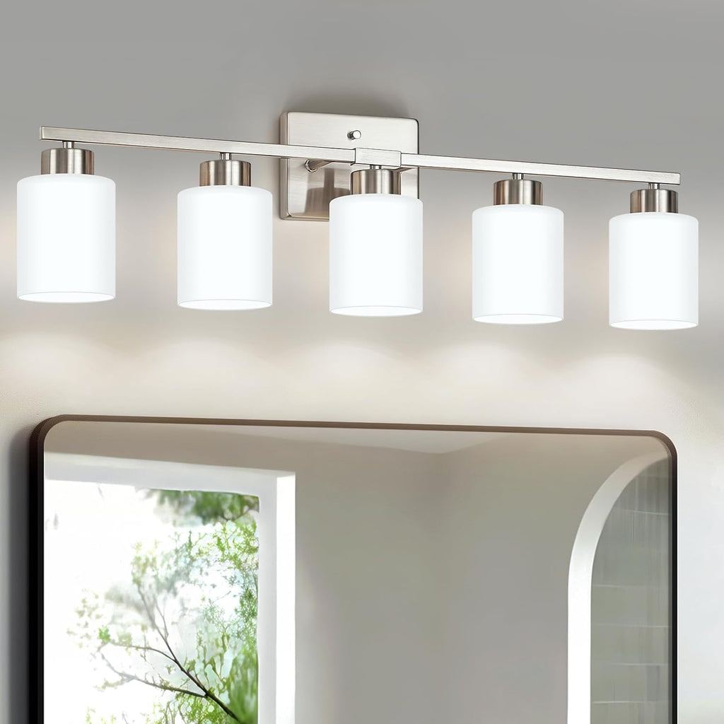 FonmYim Brushed Nickel Bathroom Light Fixtures, 5-Light Modern Vanity Light Over Mirror, Wall Sconces with Milky White Frosted Glass Shades, E26 Socket (Bulbs Not Included)