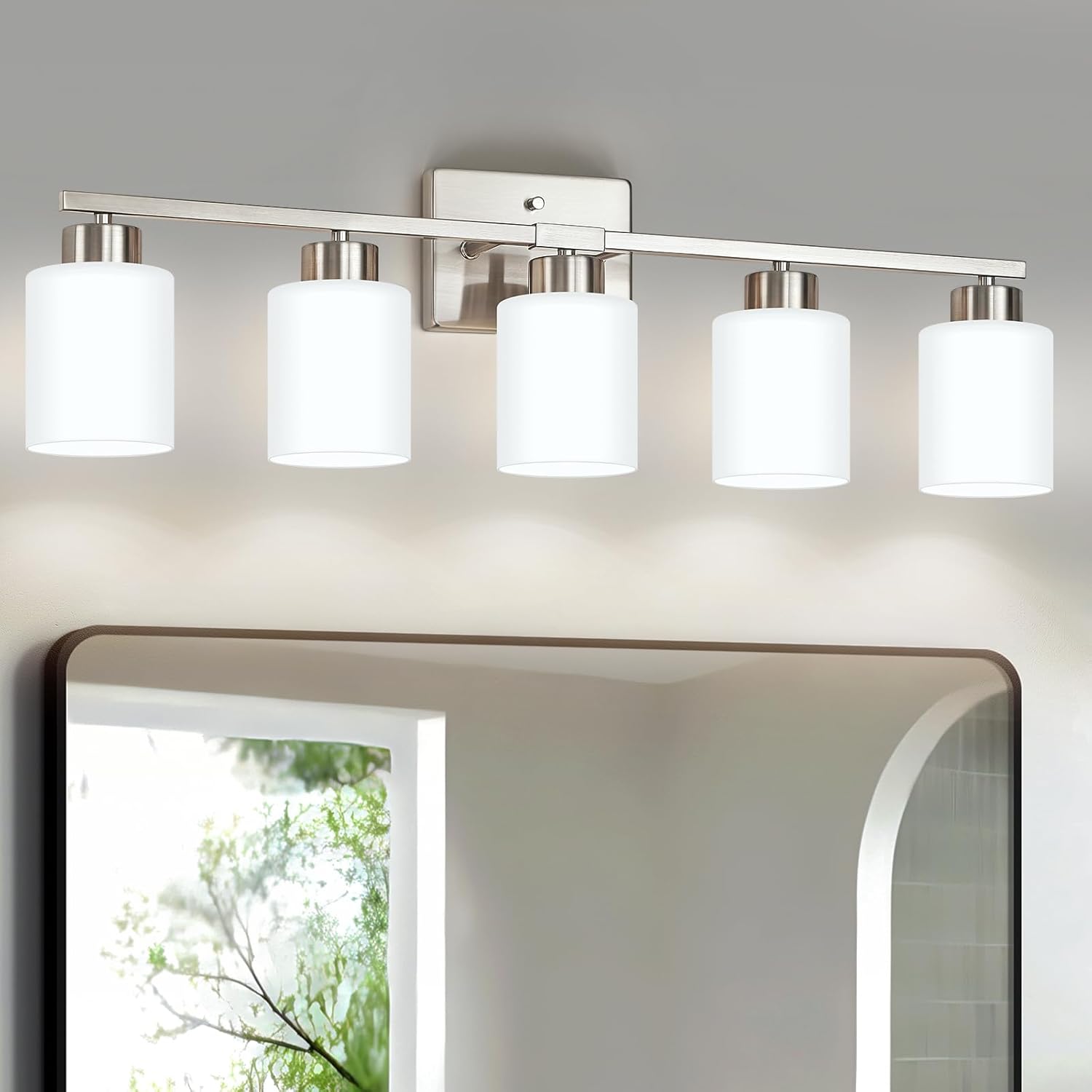 FonmYim Brushed Nickel Bathroom Light Fixtures, 5-Light Modern Vanity Light Over Mirror, Wall Sconces with Milky White Frosted Glass Shades, E26 Socket (Bulbs Not Included)
