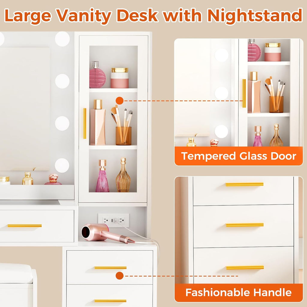 53.15" Large Vanity Desk with Mirror and Lights,White Makeup Vanity with Glass Top Power Outlet Vanity Table with 11 Drawers 6 Shelves Dressing Table Stool Set for Bedroom Women UXFST008W