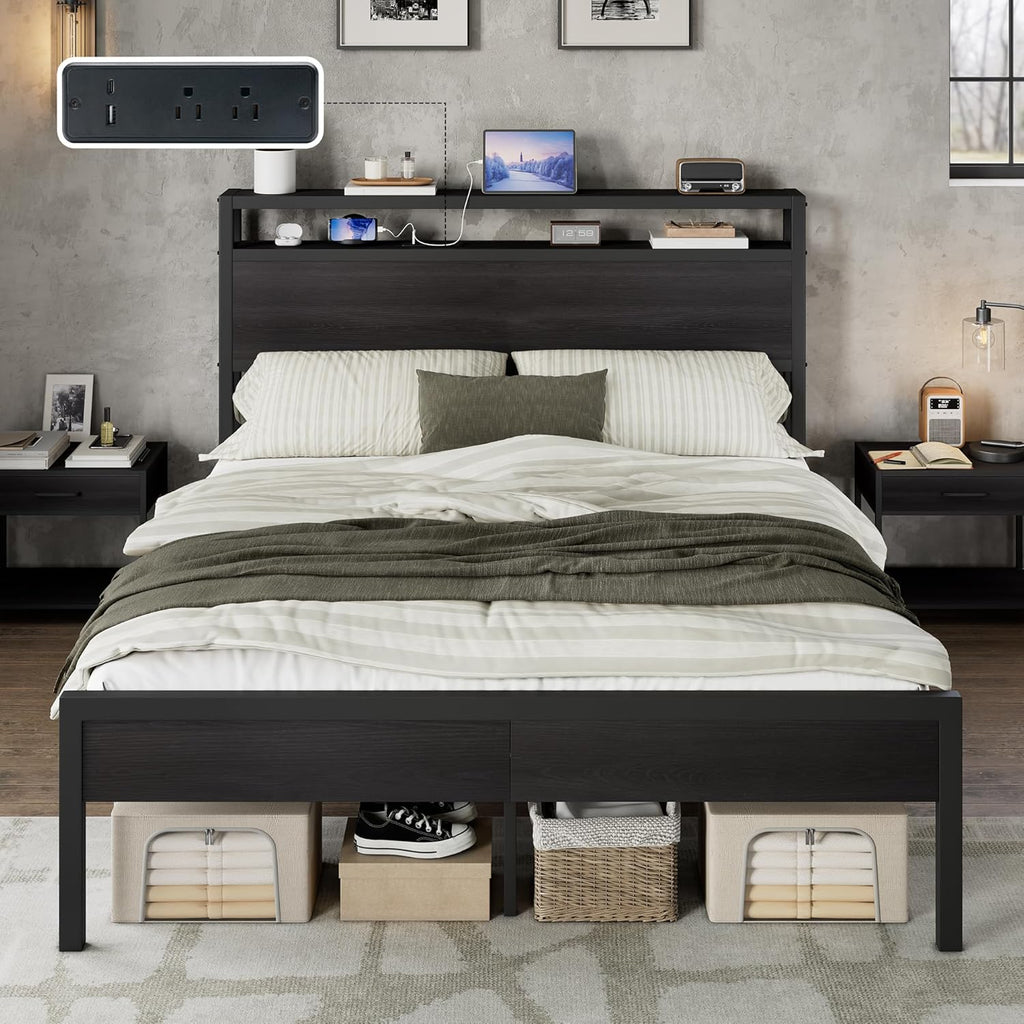 AMERLIFE Full Size Bed Frame with Storage Headboard & Charging Station, Industrial Metal Platform Bed with Large Under-Bed Storage, Heavy Duty Slats, No Box Spring Needed, Black
