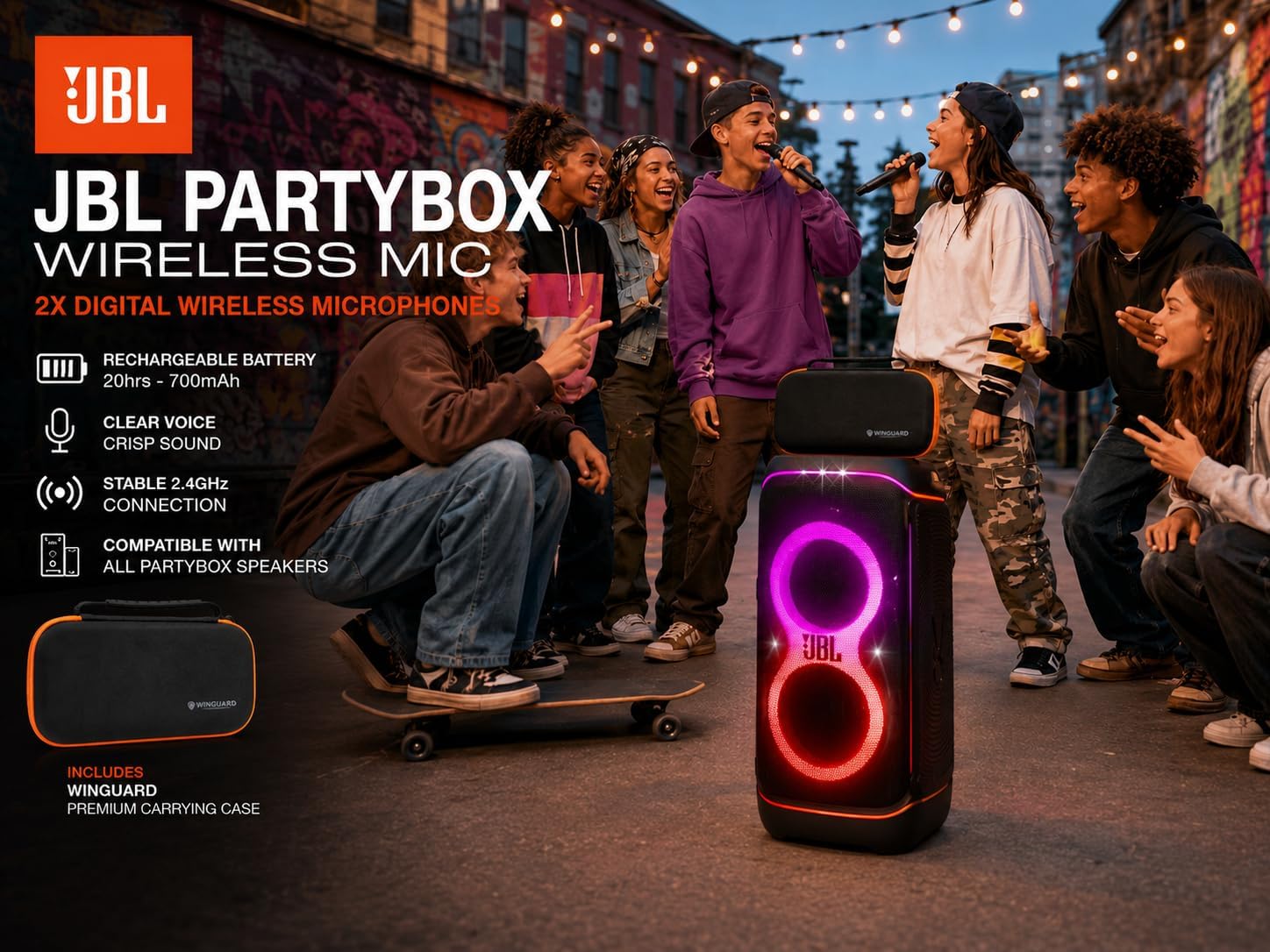 JBL PartyBox Wireless Mic - 2X Digital Wireless Microphones, Rechargeable Battery, Compatible with All PartyBox Speakers (Black) Including Winguard Protective Travel Case