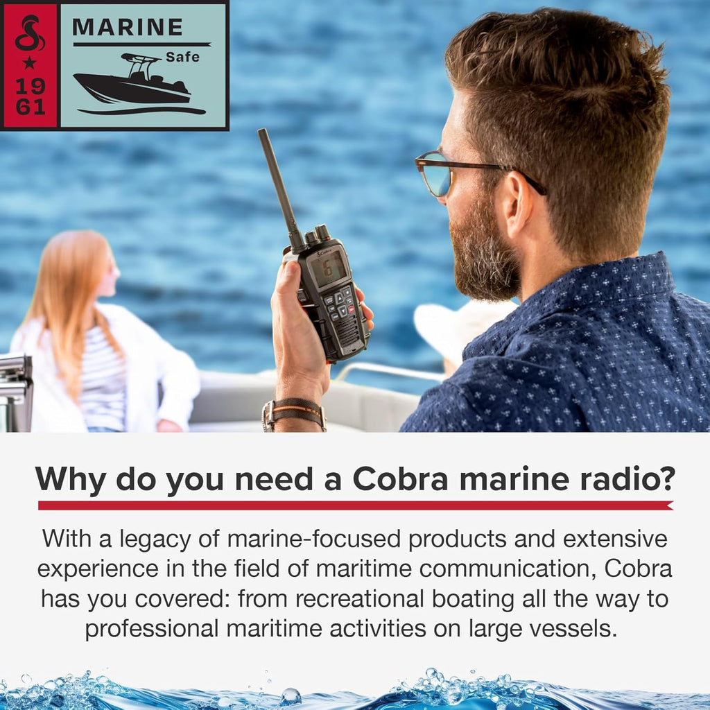 Cobra BlueBound 350 VHF Handheld Marine Radio – Black – 6-Watt, Floating, Long Range, NOAA Weather Alerts, International Functionality, IPX7 Waterproof, USB-C, Submersible, LCD Screen, Belt Clip